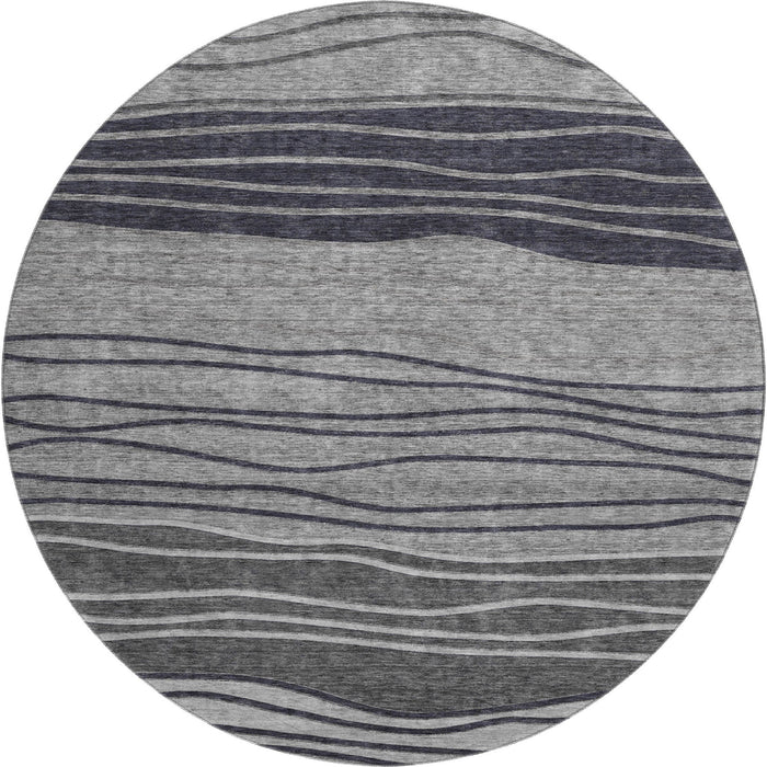 8' Striped Washable Round Rug Polyester With UV Protection - Gray And Silver