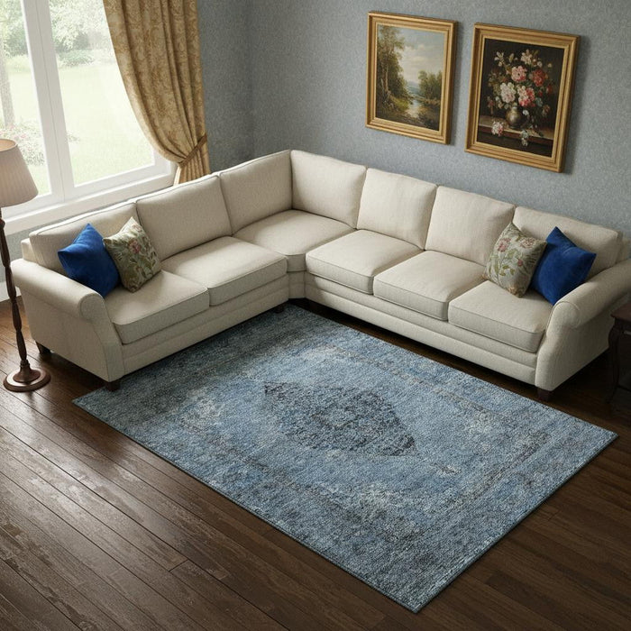 10' X 14' Medallion Washable Area Rug With UV Protection (714835) - Denim Blue / Gray
