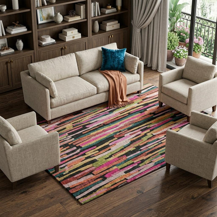 10' X 14' Striped Washable Area Rug With UV Protection (683794) - Pink / Teal / Orange