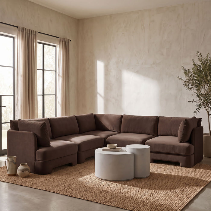 Meridian Furniture Hammond velvet performance fabric 5-piece corner sectional with plush upholstery and modern design.