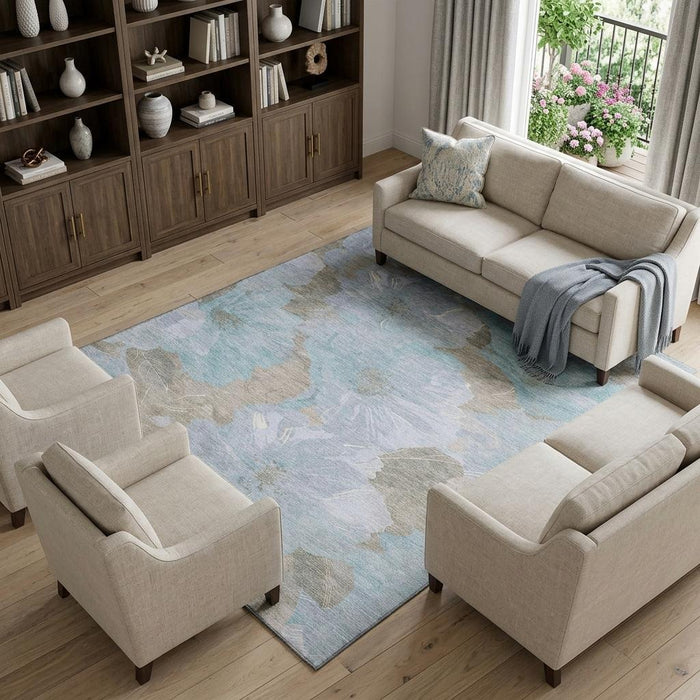10' X 14' Floral Washable Area Rug With UV Protection (694340) - Sky Blue / Taupe
