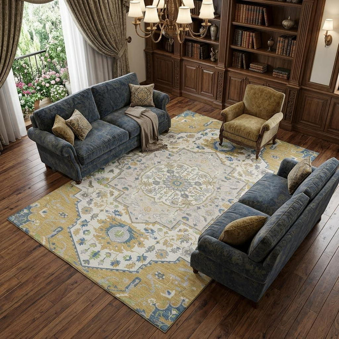 10' X 14' Oriental Washable Area Rug With UV Protection (677765) - Gold / Ivory / Blue