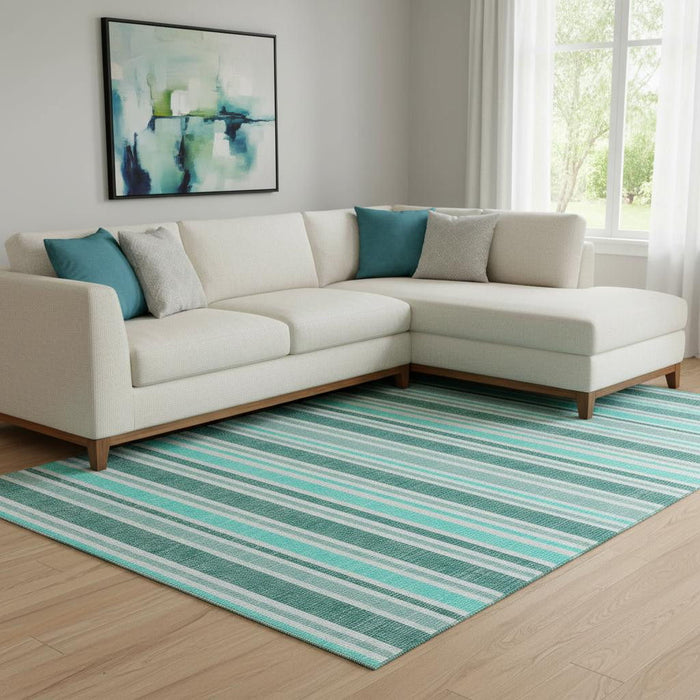 8' X 10' Striped Washable Area Rug With UV Protection (647888) - Turquoise / Ivory