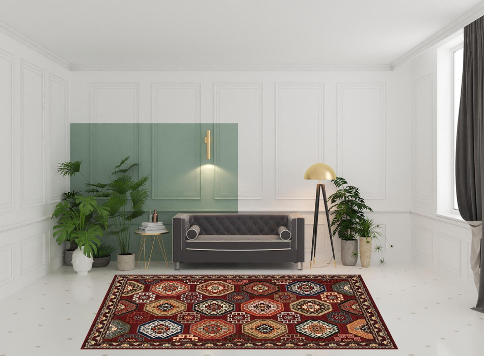 8' x 11' Oriental Power Loom Stain Resistant Area Rug With Fringe - Red Blue Brown And Beige