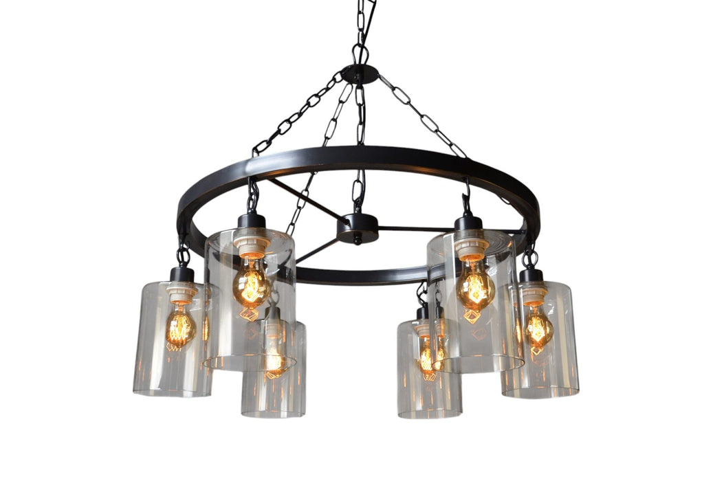HomeRoots black metal chandelier with six transparent glass shades, modern design, hanging lights for elegant interior lighting.