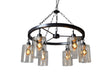 HomeRoots black metal chandelier with six transparent glass shades, modern design, hanging lights for elegant interior lighting.
