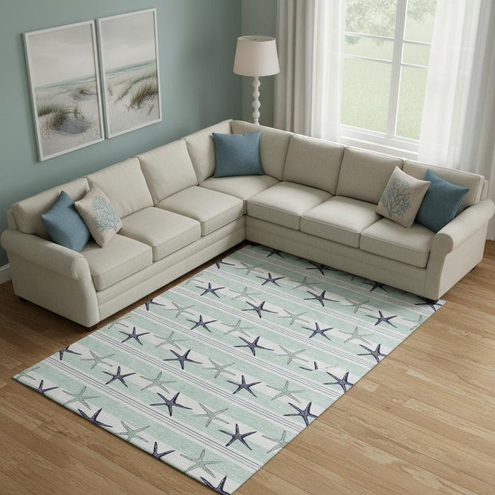 8' X 10' Geometric Washable Area Rug With UV Protection (646125) - Aqua / Navy Blue / Ivory