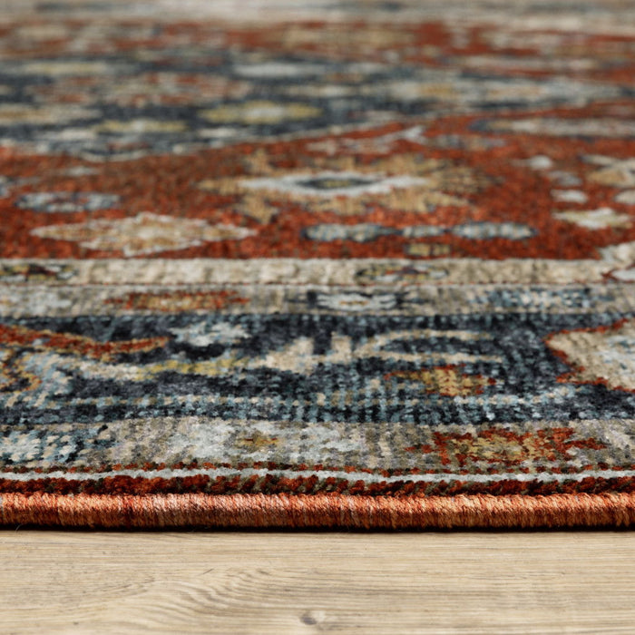 10' x 13' Oriental Power Loom Stain Resistant Area Rug With Fringe - Blue Beige Tan Brown Gold And Rust Red