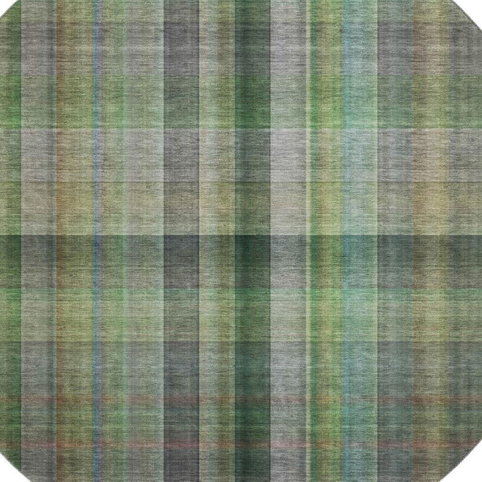 8' Plaid Washable Round Rug With UV Protection (648505) - Green / Gray