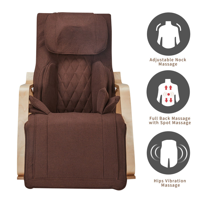 Giga brown rocking lounge chair with full massage functions, air pressure comfort, and cushioned seat for relaxing comfort.