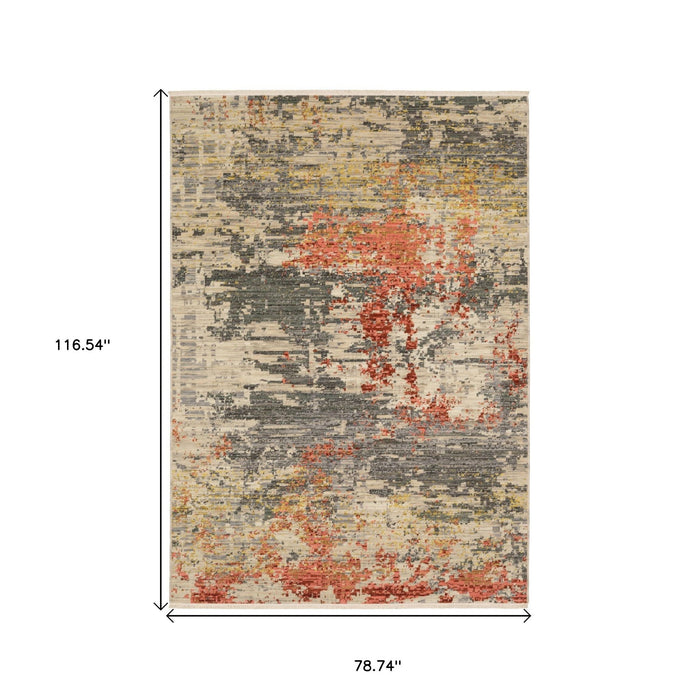 7' X 10' Abstract Area Rug With Fringe - Beige And Pink