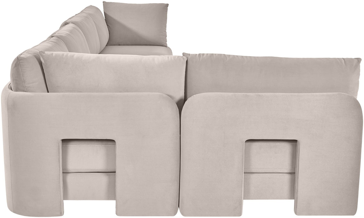 Meridian Furniture Hammond velvet performance fabric L-shaped sectional sofa with five upholstered stationary sections.