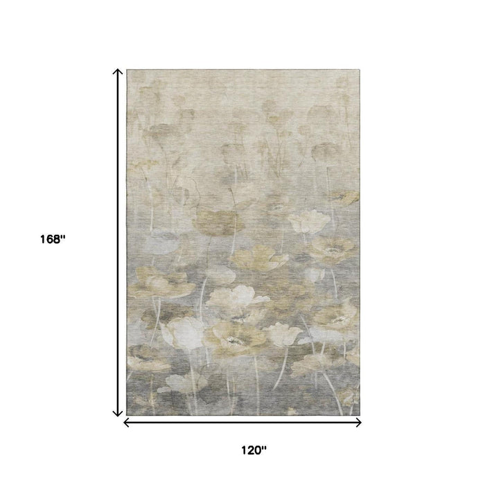 10' X 14' Floral Washable Area Rug With UV Protection (651262) - Beige / Gray / Ivory