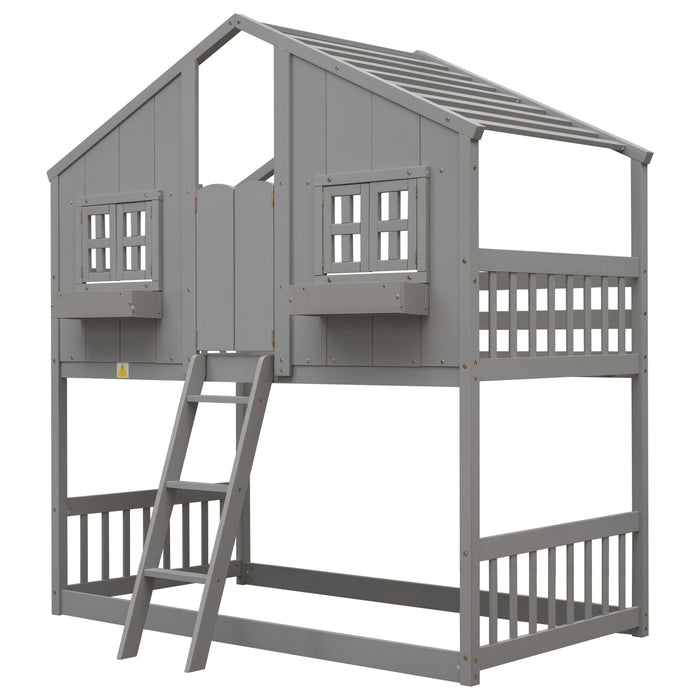 Giga house bunk bed with roof, window, door, window box, safety guardrails, and ladder, designed for children’s bedroom.