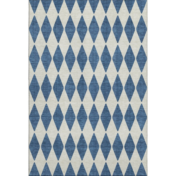 8' X 10' Diamond Washable Area Rug With UV Protection (650072) - Navy Blue / Ivory