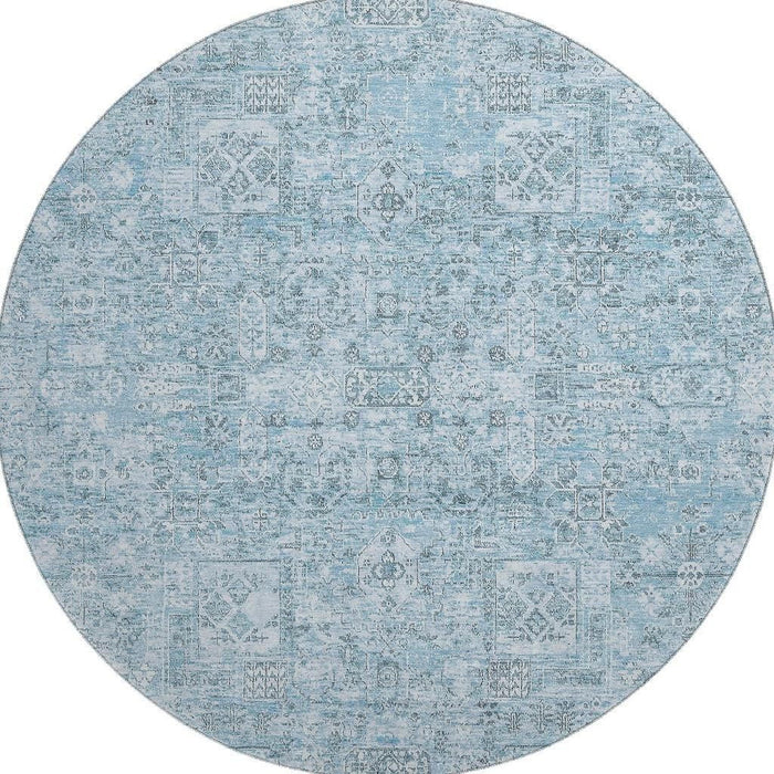 8' Floral Washable Round Rug With UV Protection (651205) - Sky Blue / Ivory