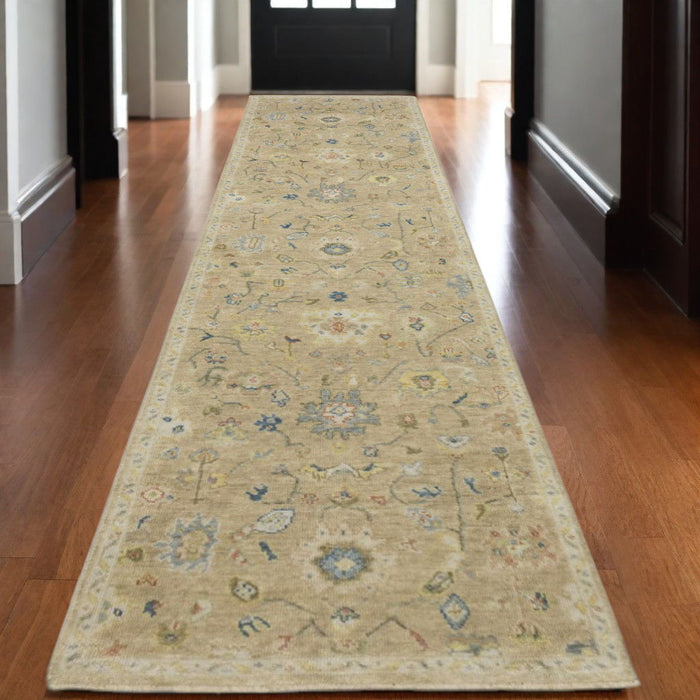 10' Wool Oriental Hand Knotted Runner Rug With Fringe - Beige