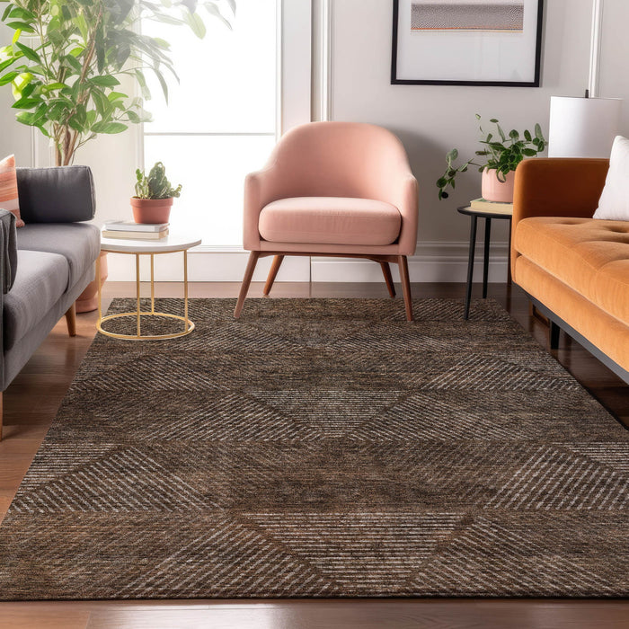 8' X 10' Geometric Washable Area Rug With UV Protection - Brown And Taupe