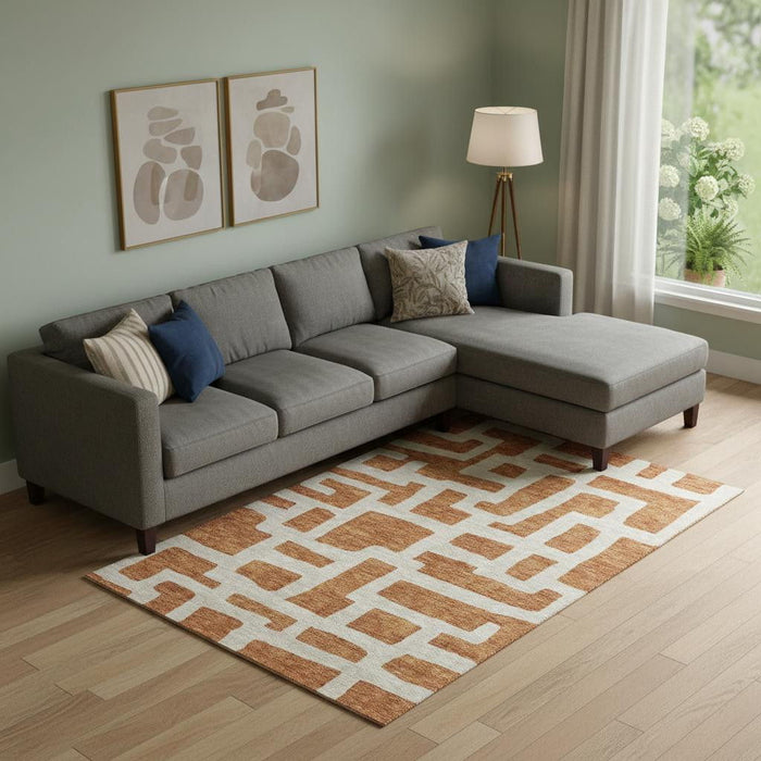 10' X 14' Abstract Geometric Washable Area Rug With UV Protection (671858) - Terra Cotta / Beige