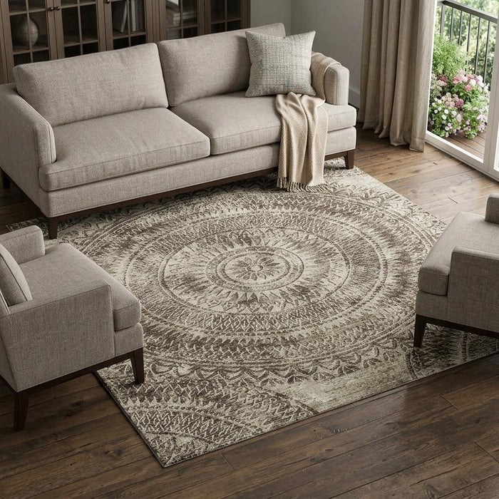 10' X 14' Medallion Washable Area Rug With UV Protection (644898) - Brown / Ivory