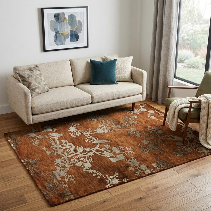 5' X 8' Wool Floral Hand Knotted Area Rug (744179) - Brown / Orange / Silver