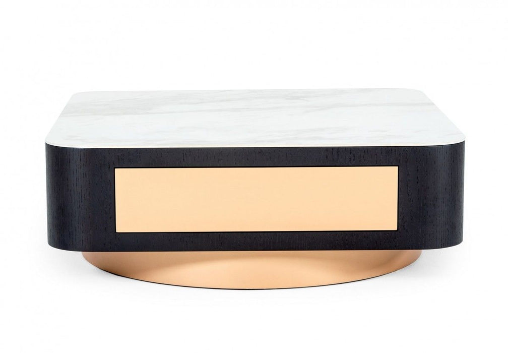 Modern Coffee Table With One Drawer - White Black And Rose Gold