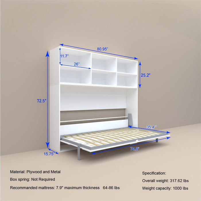 Modern Giga twin size horizontal Murphy bed with shelf storage, white wall bed with hidden space-saving design and gas strut mechanism.