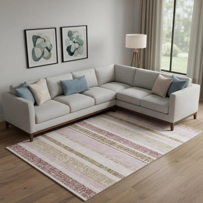 10' X 14' Striped Washable Area Rug With UV Protection (718623) - Pink / Beige