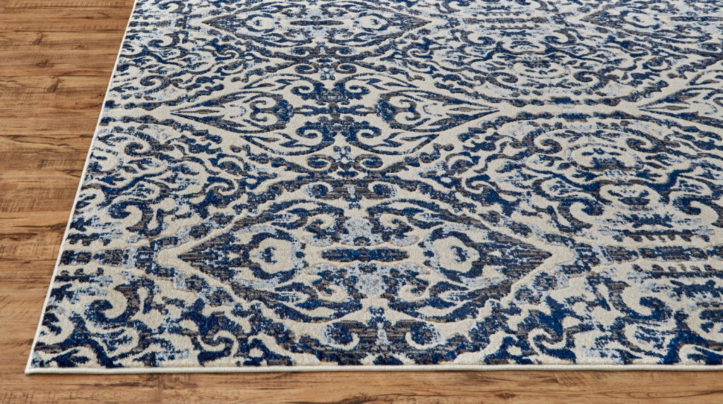 9' Round Floral Distressed Area Rug - Blue And Ivory