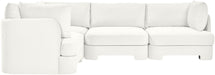 Meridian Furniture velvet performance fabric upholstered 4-piece stationary sectional sofa with plush cushions and modern design.