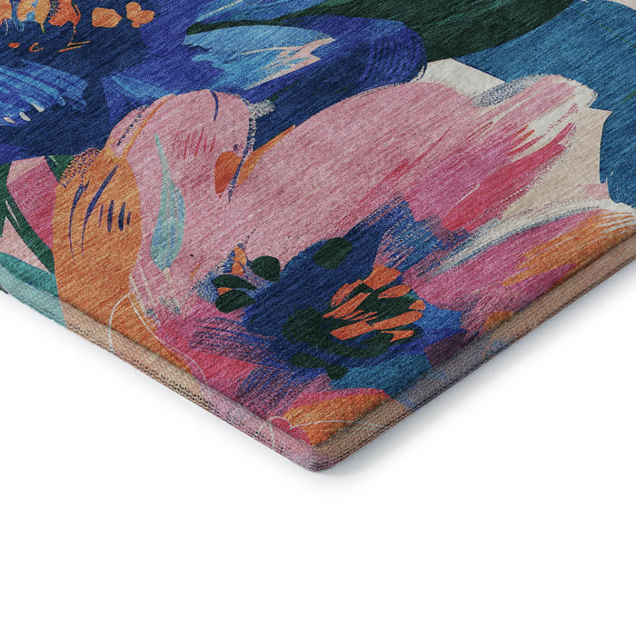10' X 14' Floral Washable Area Rug With UV Protection (693990) - Navy Blue / Orange / Pink
