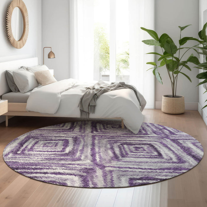 8' Geometric Washable Round Rug With UV Protection - Purple