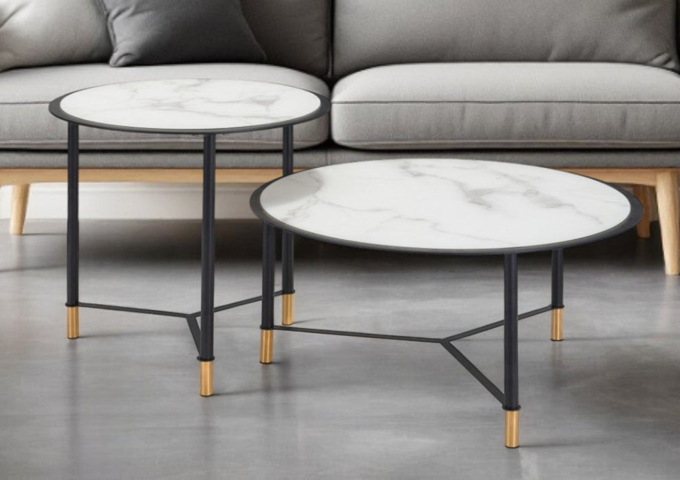 Glass Faux Marble And Steel Round Bunching Coffee Tables (Set of 2) - White And Black