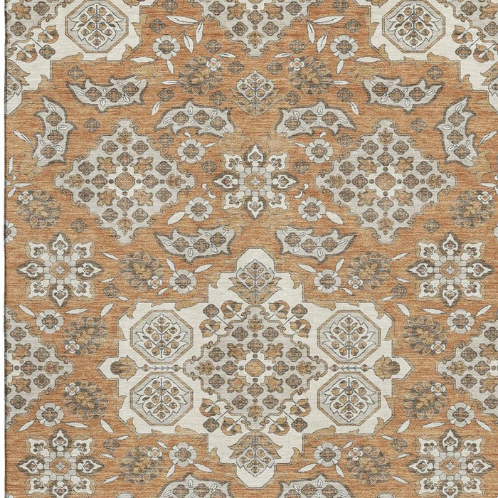10' X 14' Floral Medallion Washable Area Rug With UV Protection (705887) - Terra Cotta / Beige