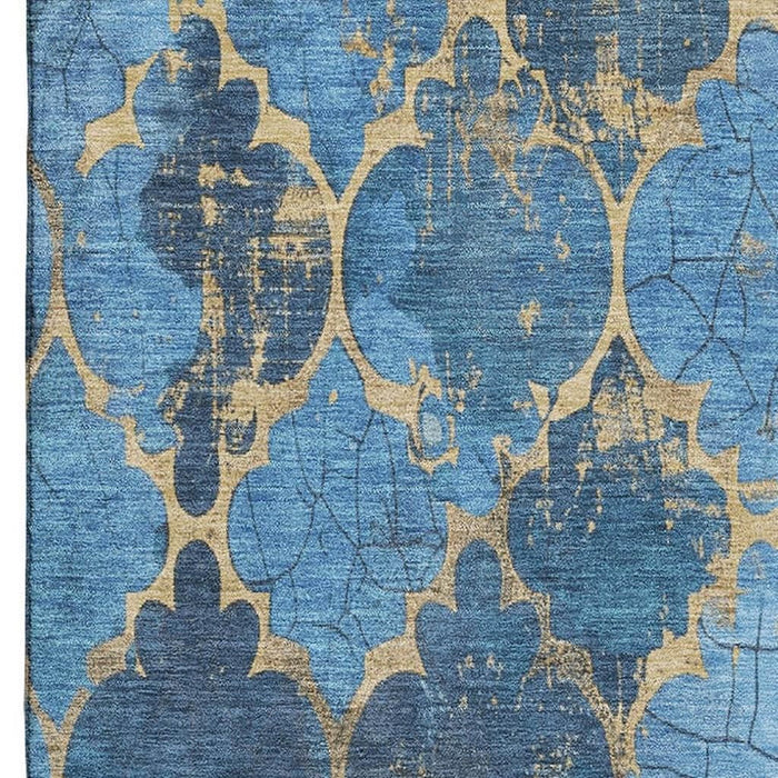 10' X 14' Damask Washable Area Rug With UV Protection (701281) - Blue / Gold