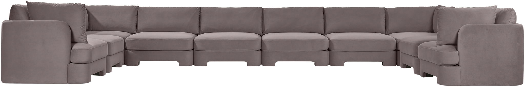 Velvet performance fabric upholstered 10-piece stationary sectional sofa by Meridian Furniture, showcasing plush cushions and modern design.