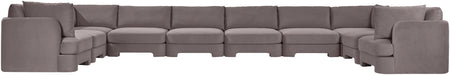 Velvet performance fabric upholstered 10-piece stationary sectional sofa by Meridian Furniture, showcasing plush cushions and modern design.