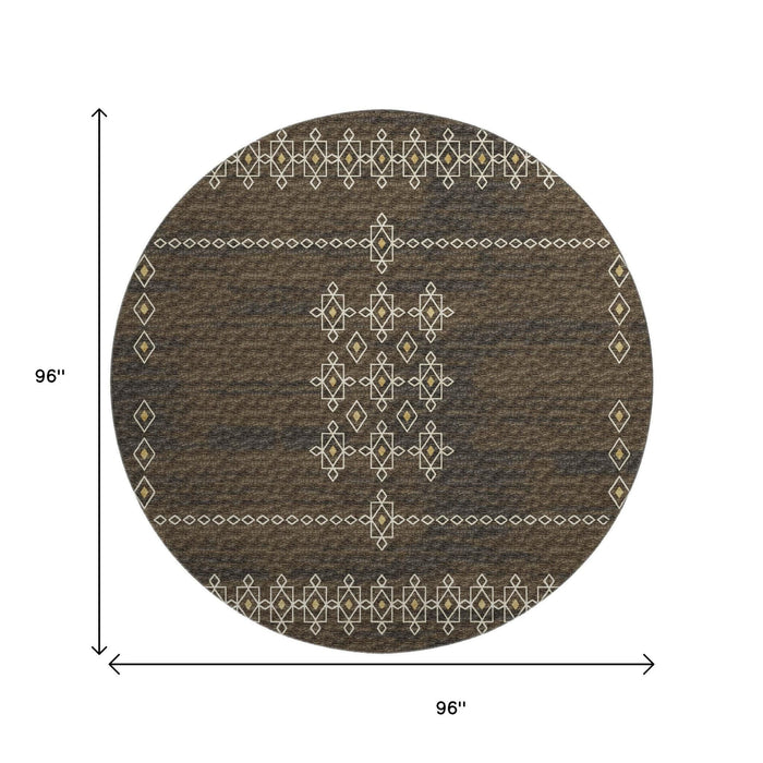 8' Tribal Washable Round Rug With UV Protection (644817) - Brown / Ivory / Gold