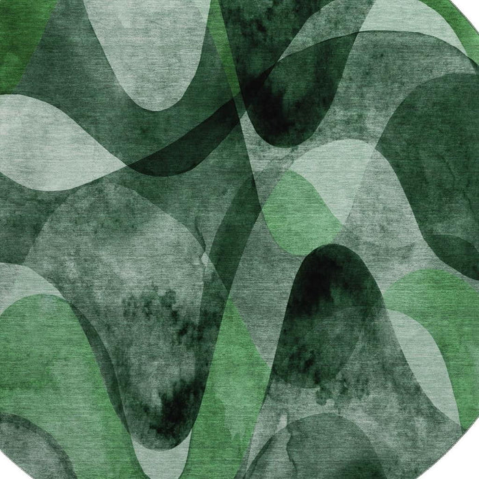 8' Abstract Washable Round Rug With UV Protection (648079) - Fern Green / Gray / Ivory