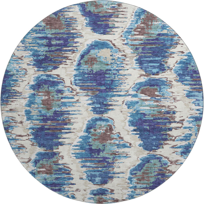 8' Diamond Washable Round Rug With UV Protection - Blue
