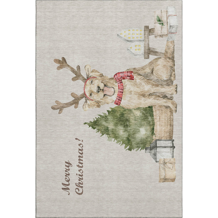 10' X 14' Christmas Dog Washable Area Rug With UV Protection (646451) - Taupe / Green / Gray