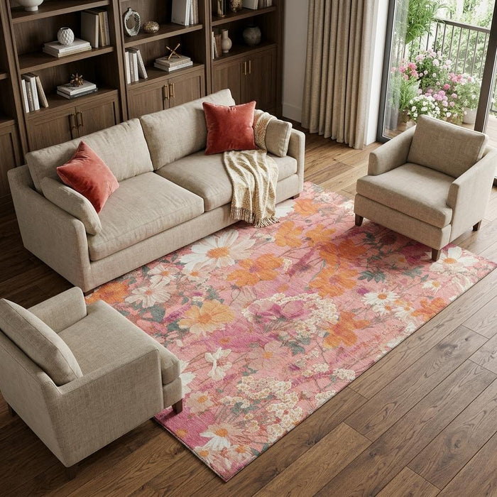 10' X 14' Floral Washable Area Rug With UV Protection (694104) - Blush / Orange / Ivory
