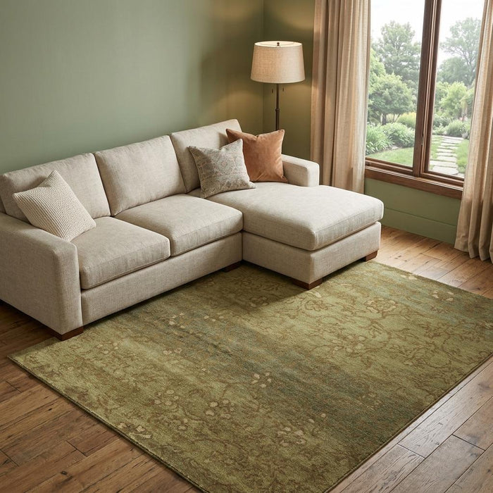 9' X 12' Wool Floral Hand Knotted Area Rug (744347) - Green / Tan / Yellow