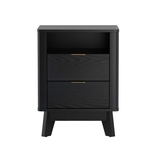 Manhattan Comfort accent nightstand with a sleek wooden finish and modern design, featuring a drawer and open shelf.