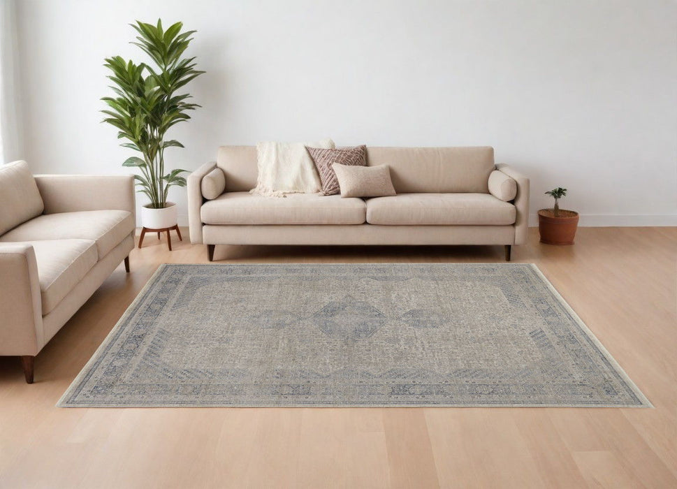 12' x 15' Oriental Power Loom Worn Faded Area Rug With Fringe - Gray Blue And Taupe