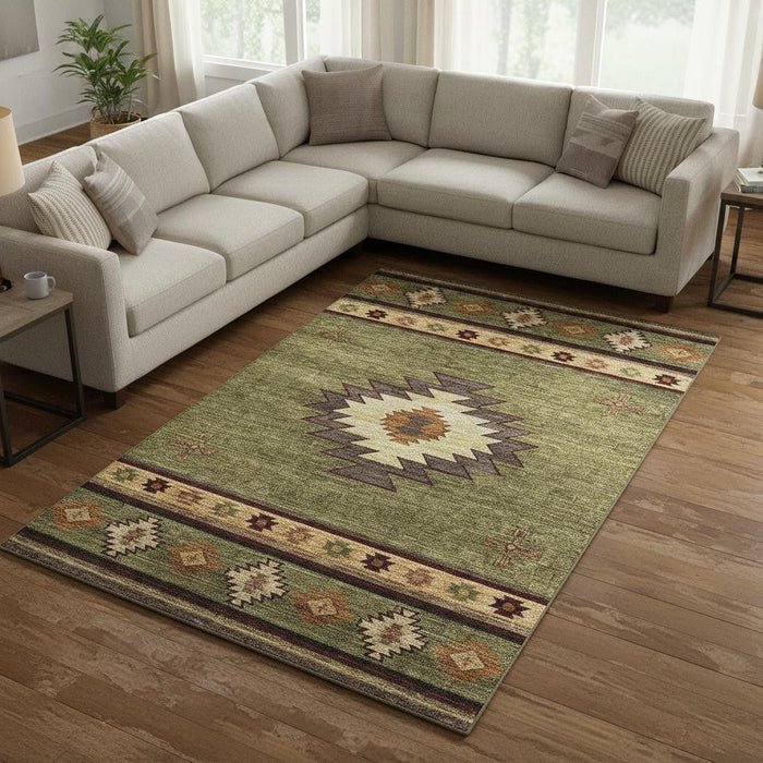 8' X 10' Geometric Washable Area Rug With UV Protection (645676) - Green / Beige / Brown