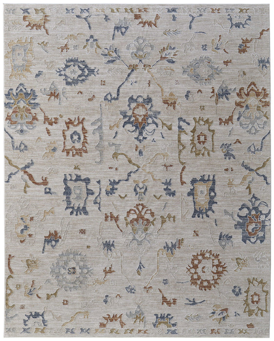 7' x 10' Floral Power Loom Worn Faded Area Rug With Fringe - Ivory Blue And Gold
