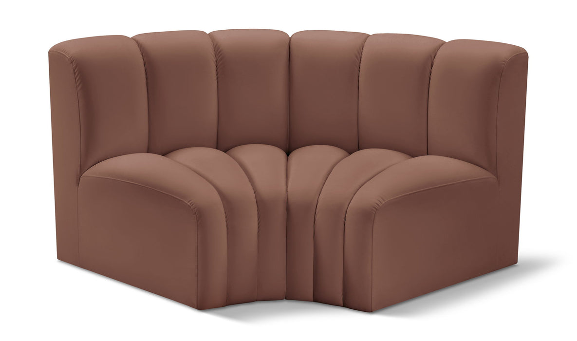 Faux leather Meridian Furniture Arc 2-piece stationary sectional sofa with modern design and plush seating.