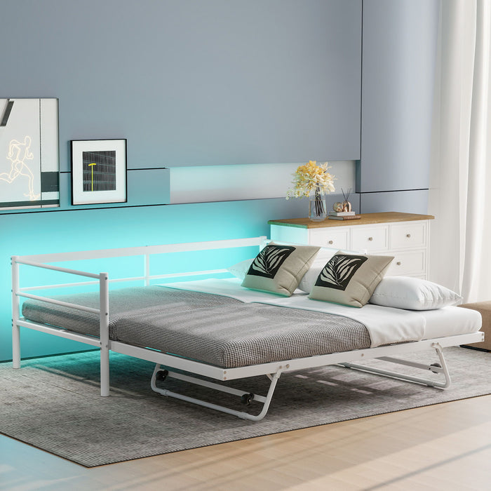 Industrial metal daybed with adjustable pop-up trundle and LED strip lighting, by Giga, featuring modern design and sturdy metal frame.