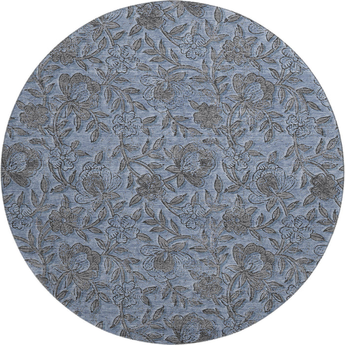 8' Floral Washable Round Rug With UV Protection - Blue And Gray